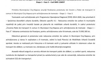 Înnoirea flotei de transport în comun în Municipiul Cluj-Napoca prin achiziționarea de tramvaie - Etapa 1 - Faza 3 – Cod SMIS 126057