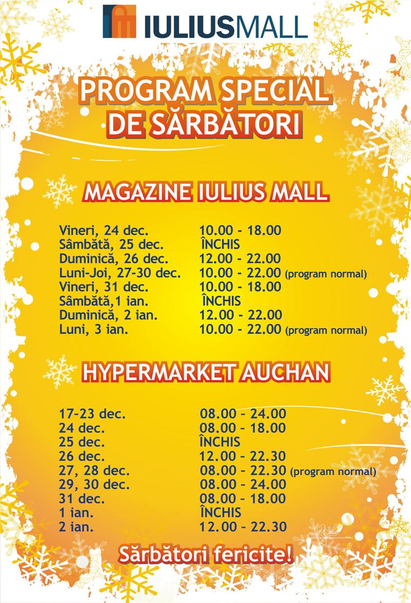 Program modificat la Iulius Mall, de sărbători. Vezi orarul