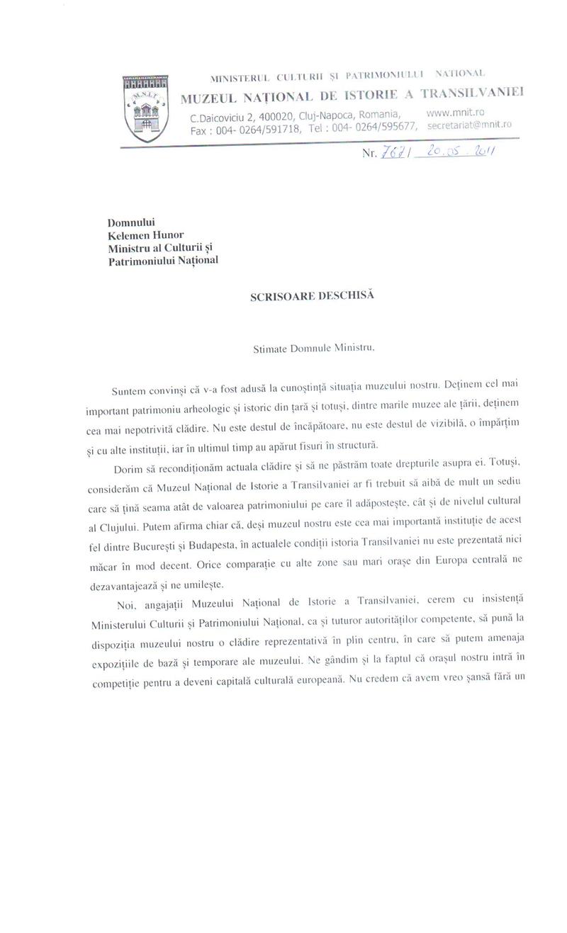 Piso îi cere lui Kelemen Hunor să cumpere o clădire decentă pentru Muzeul Transilvaniei. Vezi scrisoarea