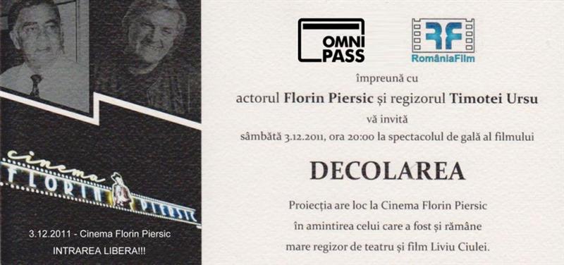 Spectacol de gală al filmului Decolarea, din 1971, la Cluj; regizorul vine special din New York la eveniment. Intrarea e liberă