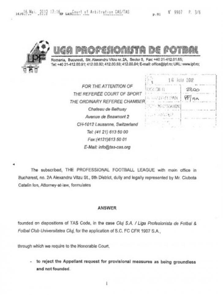 LPF, acuzată de CFR că a minţit Tribunalul de Arbitraj Sportiv