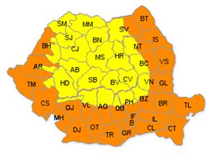 Cod portocaliu de caniculă. Cod galben de averse, vijelii şi grindină. Harta judeţelor afectate