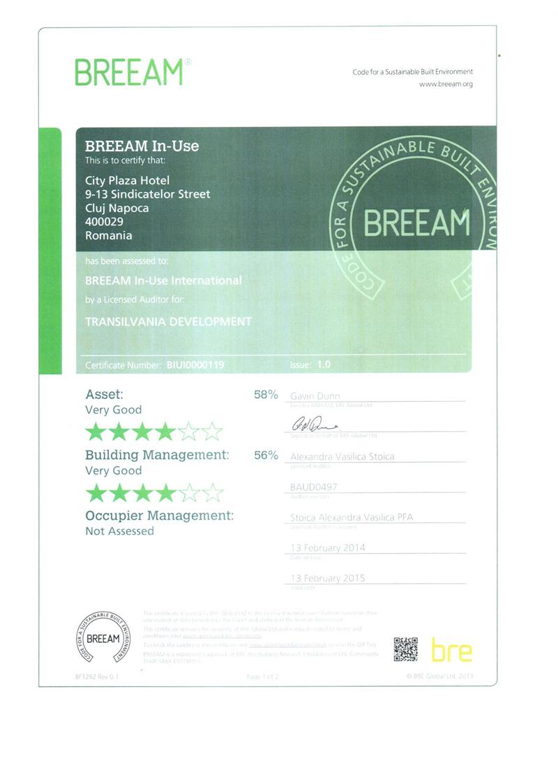 CITY Plaza este primul hotel din România care a obţinut certificarea BREEAM  INTERNATIONAL (clădire verde) (P)