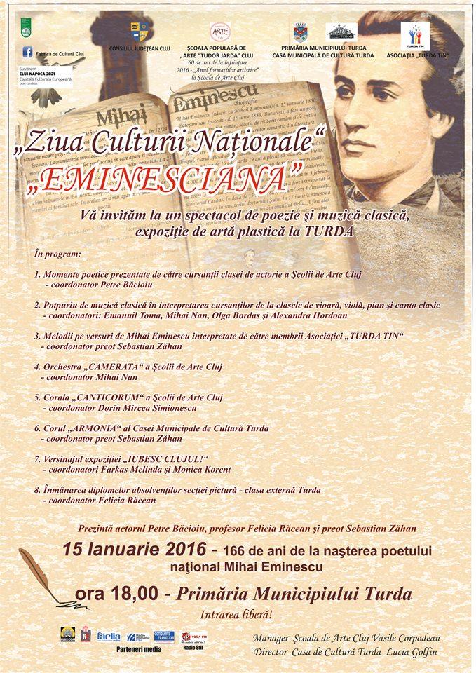15.01.2016, orele 18:00 - “EMINESCIANA” – spectacol de poezie şi muzică clasică la Primăria Municipiului Turda (P)