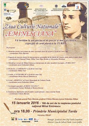 15.01.2016, orele 18:00 - “EMINESCIANA” – spectacol de poezie şi muzică clasică la Primăria Municipiului Turda (P)