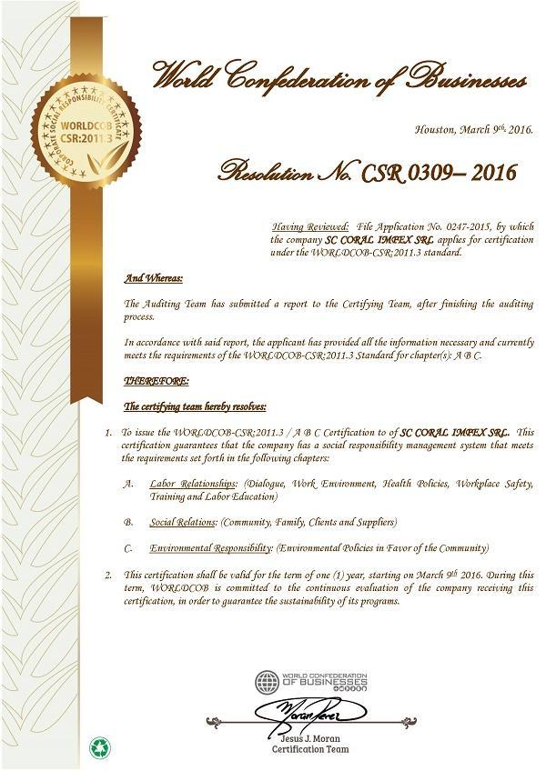 Coral Impex, premiată la World Confederation of Business (P)