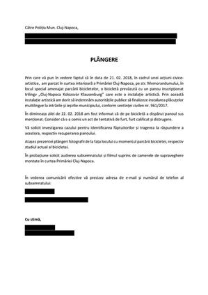 Bicicleta dotată cu o plăcuţă multilingvă, vandalizată. S-a depus plângere penală