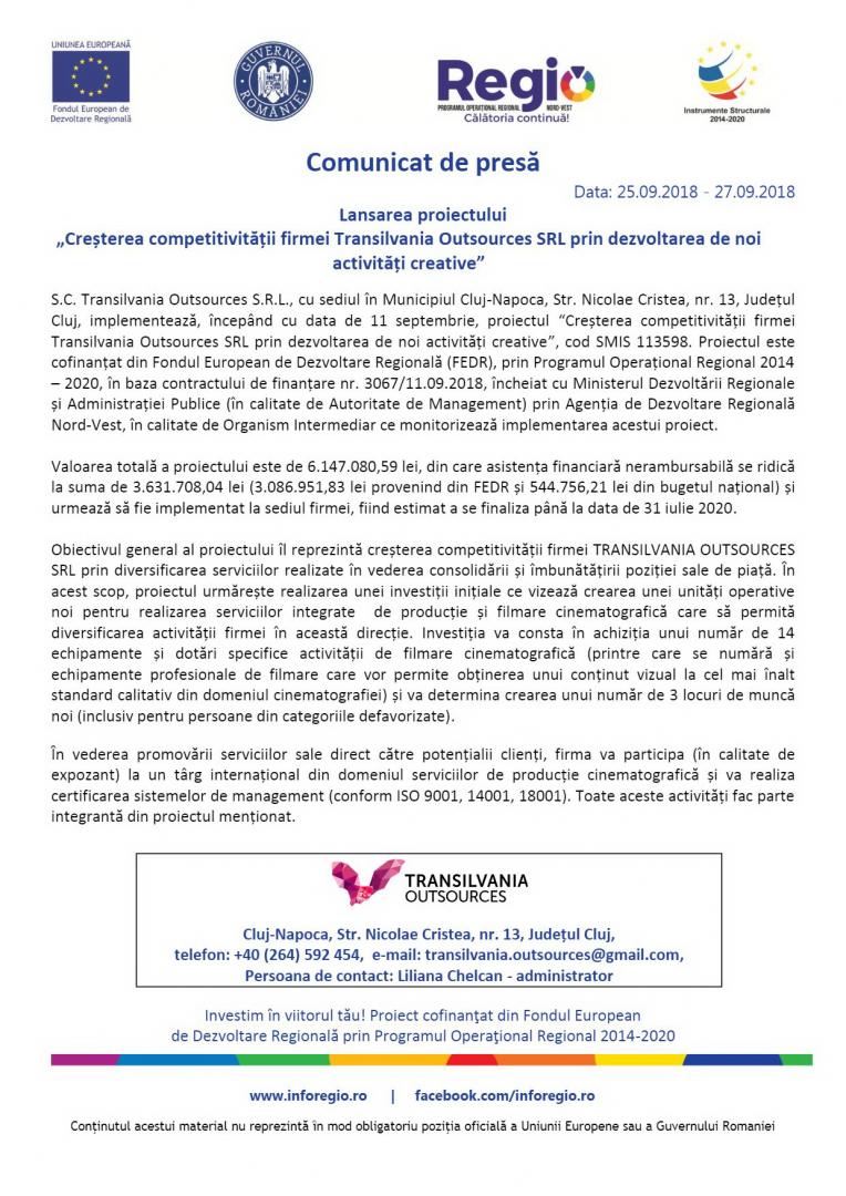 „Creșterea competitivității firmei Transilvania Outsources SRL prin dezvoltarea de noi activități creative”