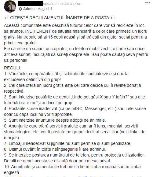 Regulamentul grupului de Facebook Lucruri gratis Cluj-Napoca