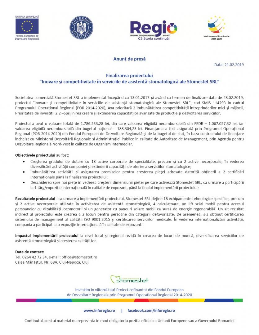 “Inovare şi competitivitate în serviciile de asistență stomatologică ale Stomestet SRL”