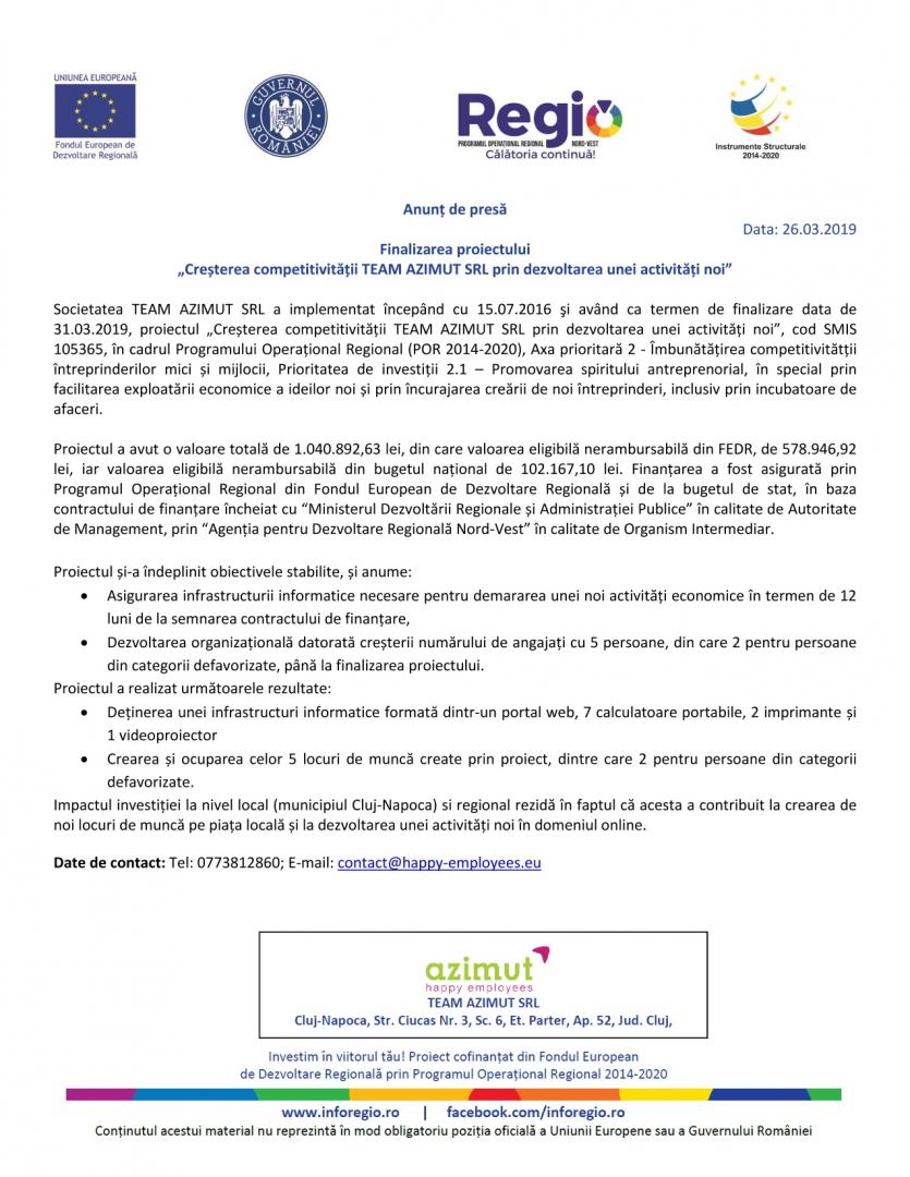 „Creșterea competitivității TEAM AZIMUT SRL prin dezvoltarea unei activități noi”