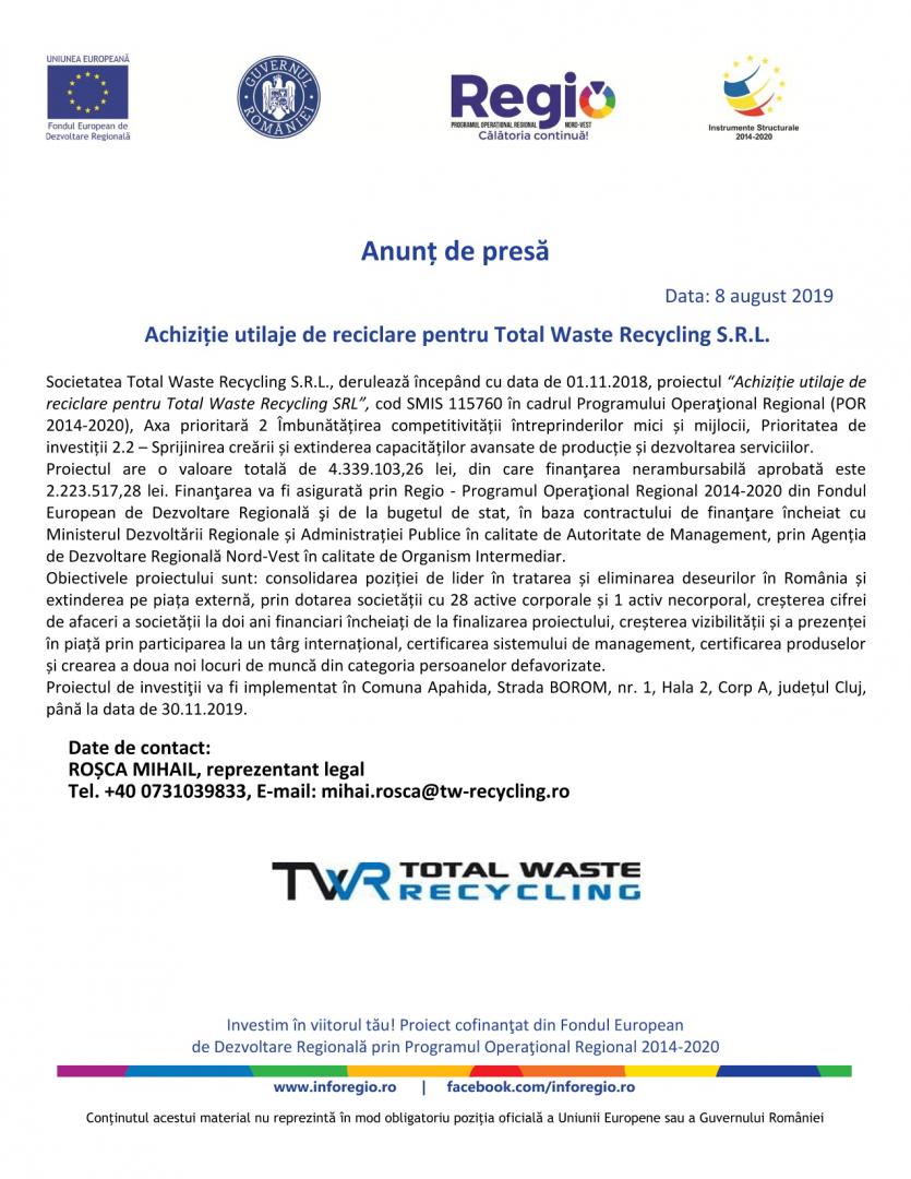 Achiziție utilaje de reciclare pentru Total Waste Recycling S.R.L.