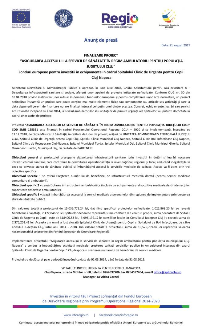FINALIZARE PROIECT ”ÎMBUNĂTĂȚIREA ACCESULUI POPULAȚIEI DIN JUDEȚUL CLUJ LA SERVICII MEDICALE DE URGENȚĂ”
