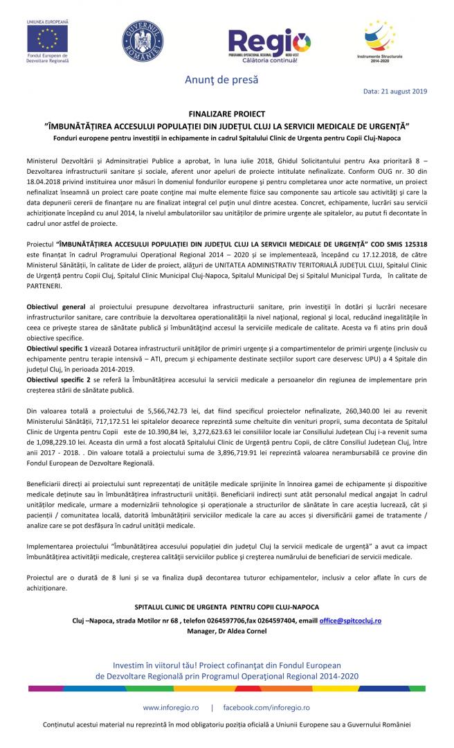 FINALIZARE PROIECT ”ÎMBUNĂTĂȚIREA ACCESULUI POPULAȚIEI DIN JUDEȚUL CLUJ LA SERVICII MEDICALE DE URGENȚĂ”