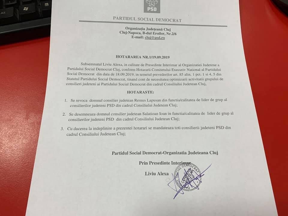 Alexa începe reforma din PSD Cluj în forţă. Îl revocă pe Lăpuşan din funcţie şi îi cere demisia lui Nasra