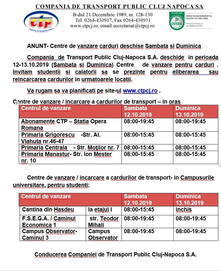Centre de vânzare carduri CTP, deschise sambata si duminica