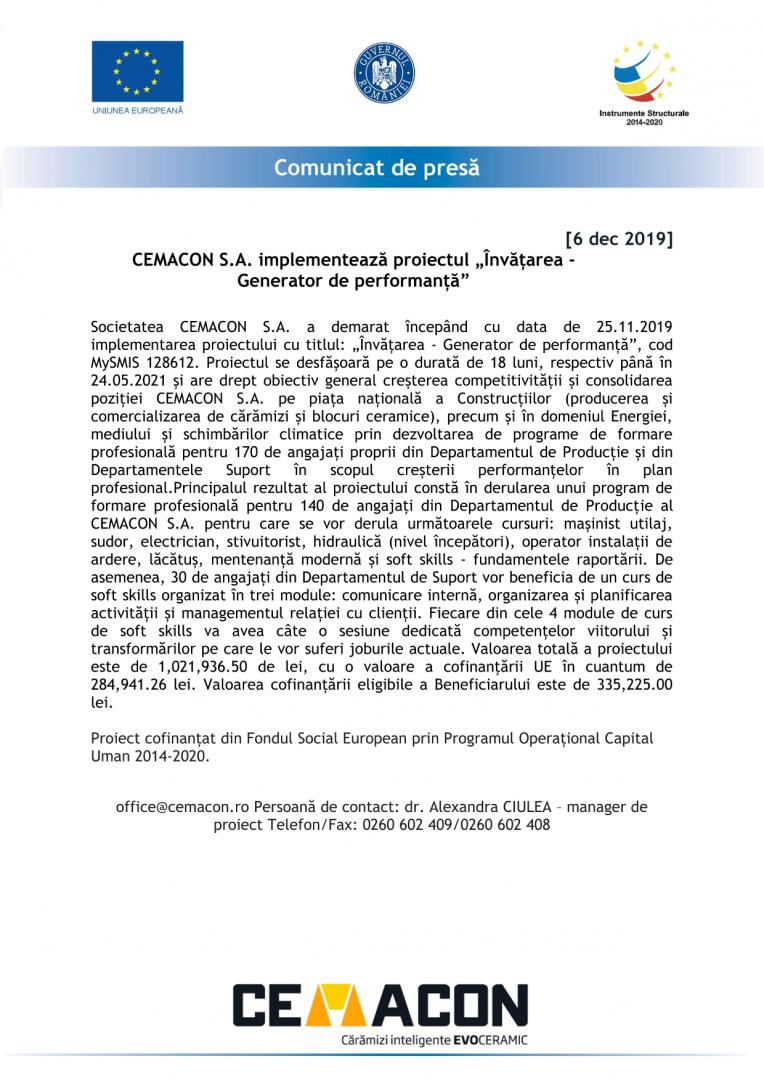 CEMACON S.A. implementează proiectul „Învățarea - Generator de performanță”