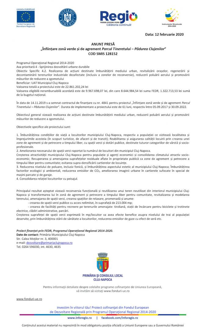„Înființare zonă verde și de agrement Parcul Tineretului – Pădurea Clujenilor”