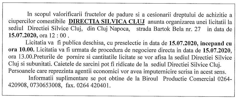 Licitație pentru valorificare a fructelor de pădure și cesionarea dreptului de achizție a ciupercilor comestibile