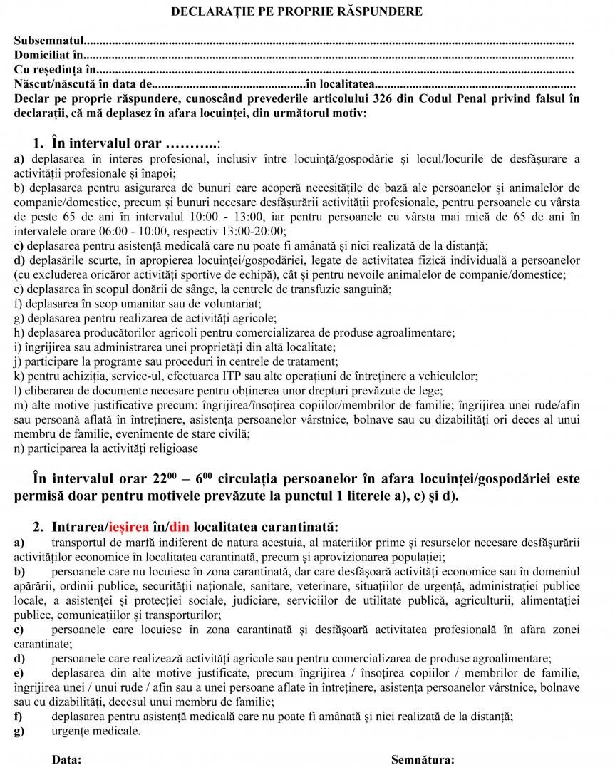Cum arată DECLARAȚIA pe propria răspundere și ADEVERINȚA de la angajator pentru localitățile vecine Clujului aflate în CARANTINĂ