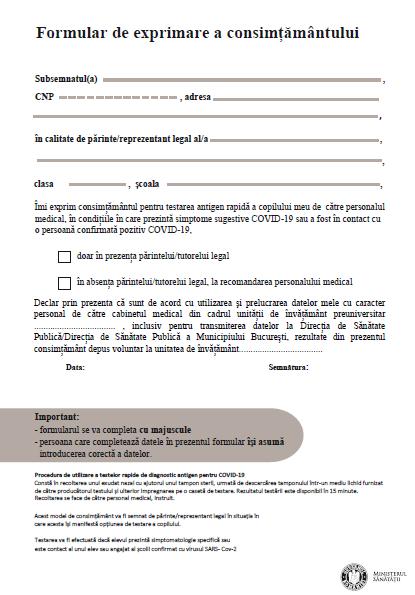 A fost modificat formularul pentru părinți, prin care își dau acordul să le fie testat copilul la școală