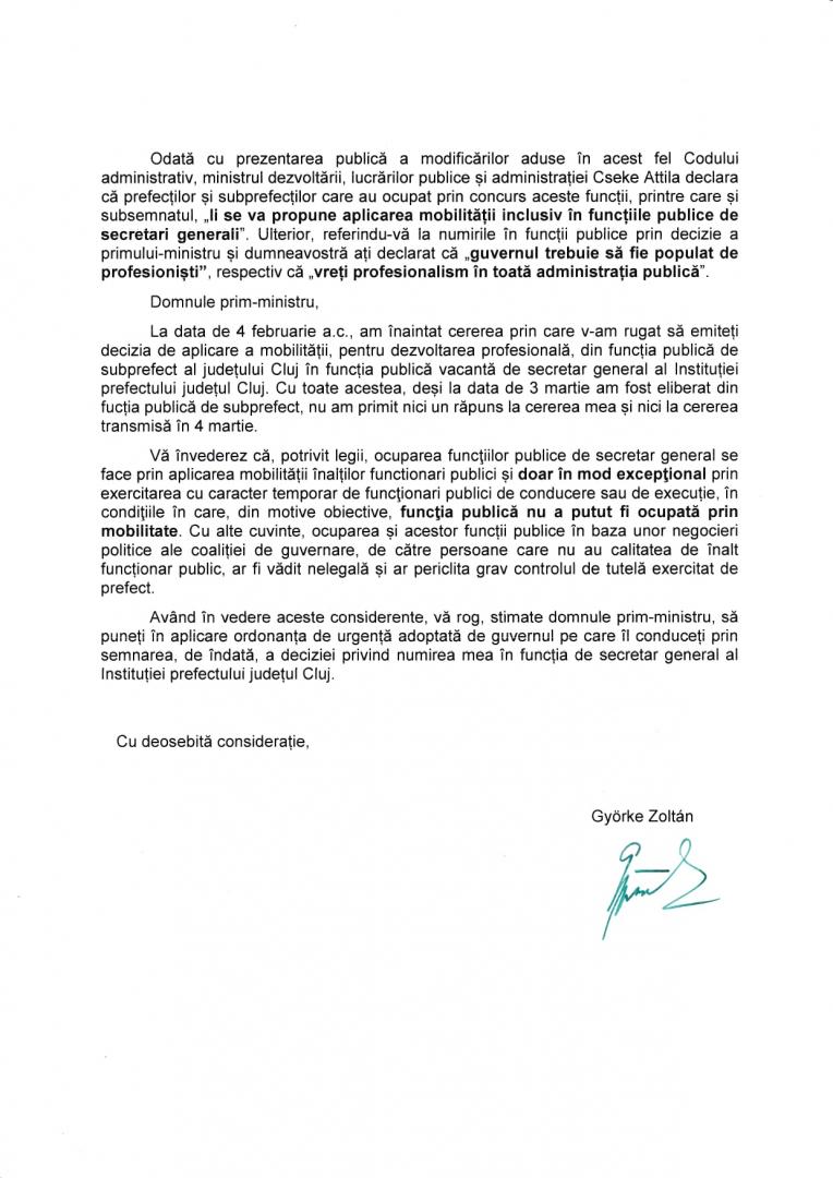 Zoltan Gyorke, scrisoare deschisă către premierul Cîțu. Cere din nou să fie numit secretar general al Prefecturii Cluj