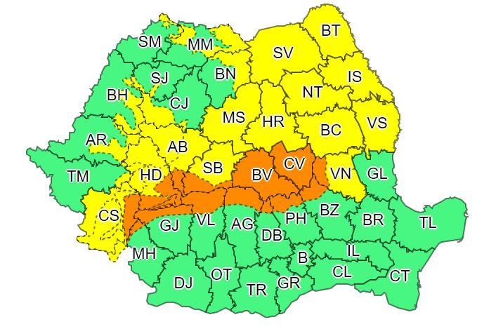 Avalanșă de Coduri galbene la Cluj. Vânt, ploi și ninsori până în weekend