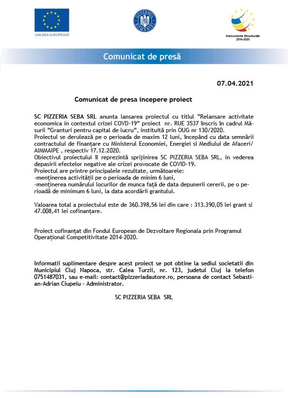 Comunicat de presă începere proiect
