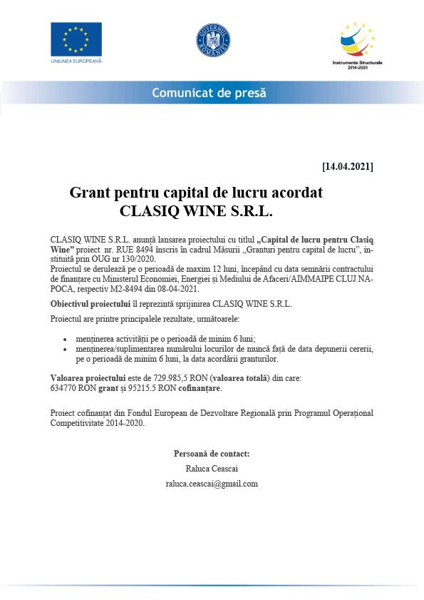 Comunicat de presă - Grant pentru capital de lucru acordat CLASIQ WINE S.R.L.