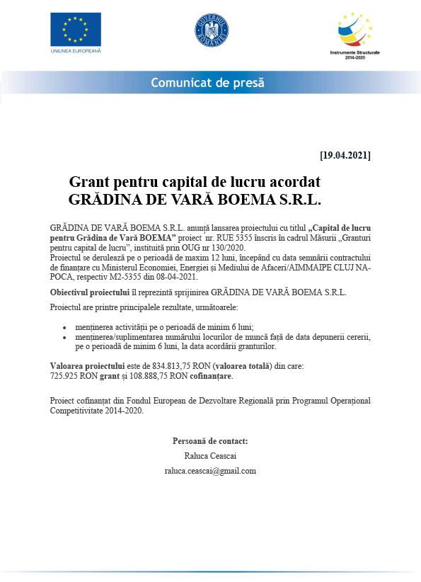 Counicat de presă - Grant pentru capital de lucru acordat GRĂDINA DE VARĂ BOEMA S.R.L.