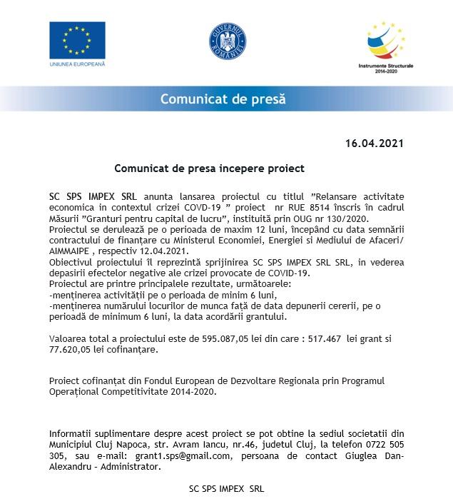 Anunt presa incepere proiect SPS IMPEX SRL