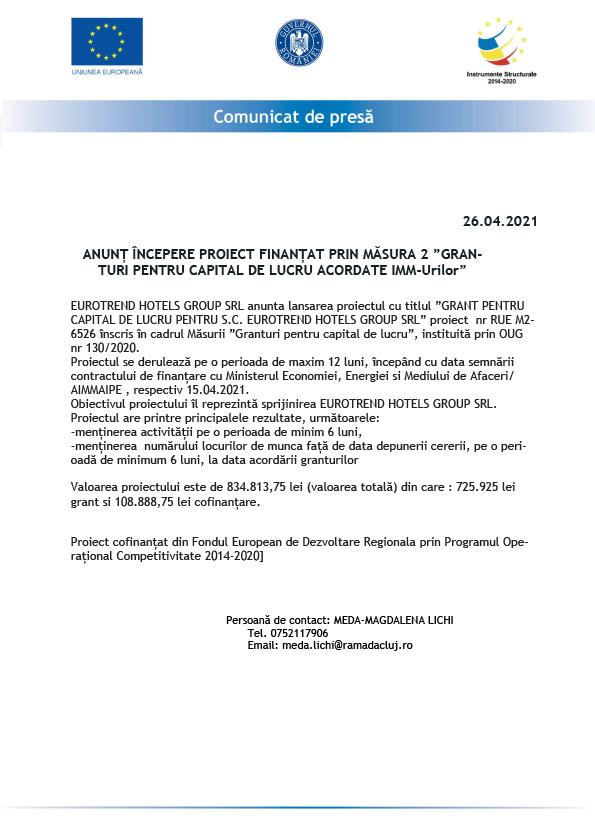 ANUNȚ ÎNCEPERE PROIECT FINANȚAT PRIN MĂSURA 2 ”GRANTURI PENTRU CAPITAL DE LUCRU ACORDATE IMM-Urilor”