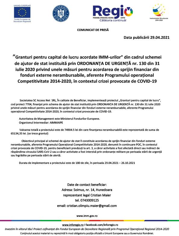 Comunicat de presă - Grant pentru capital de lucru acordat Access Net  SRL