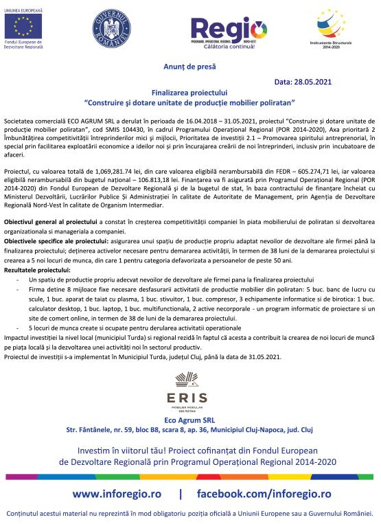 Anunț de presă - Fnalizarea proiectului "Construire și dotare unitate de producție mobilier poliratan"