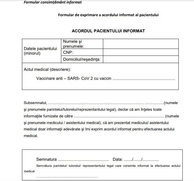 Vaccinarea anti-COVID a copiilor între 12 și 15 ani ar putea începe de miercuri/ Cum arată formularul de consimţământ