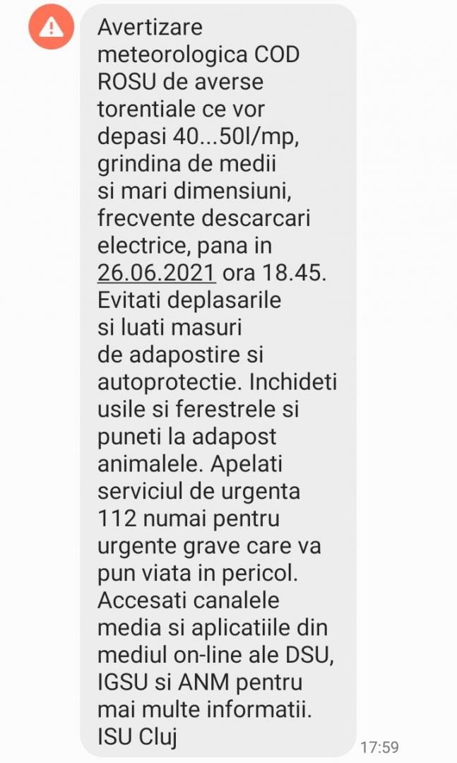 Încă un COD ROȘU de furtuni la Cluj. Autoritățile au emis un nou mesaj RO-ALERT