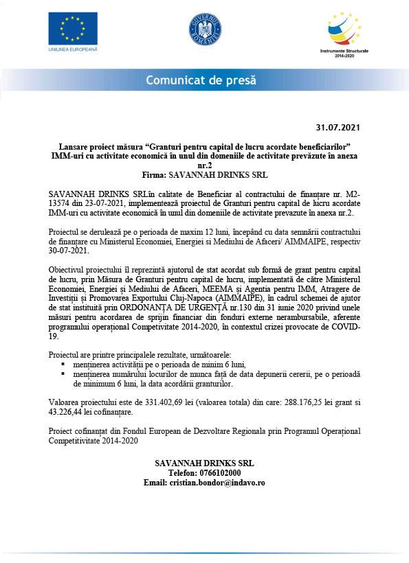 Lansare proiect măsura “Granturi pentru capital de lucru acordate beneficiarilor” IMM-uri cu activitate economică în unul din domeniile de activitate 