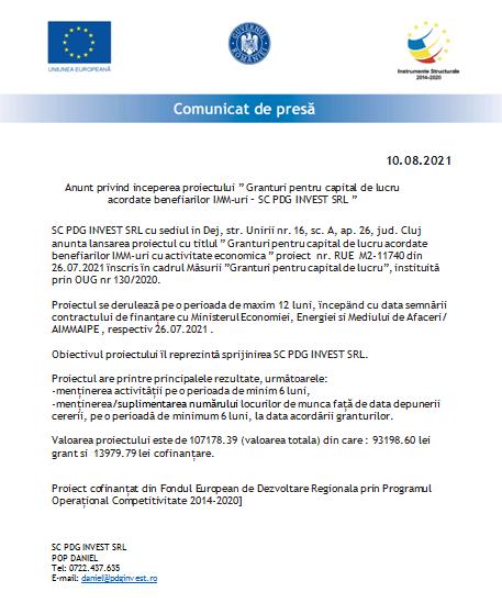 Granturi pentru capital de lucru acordate beneficiarilor de IMM-uri