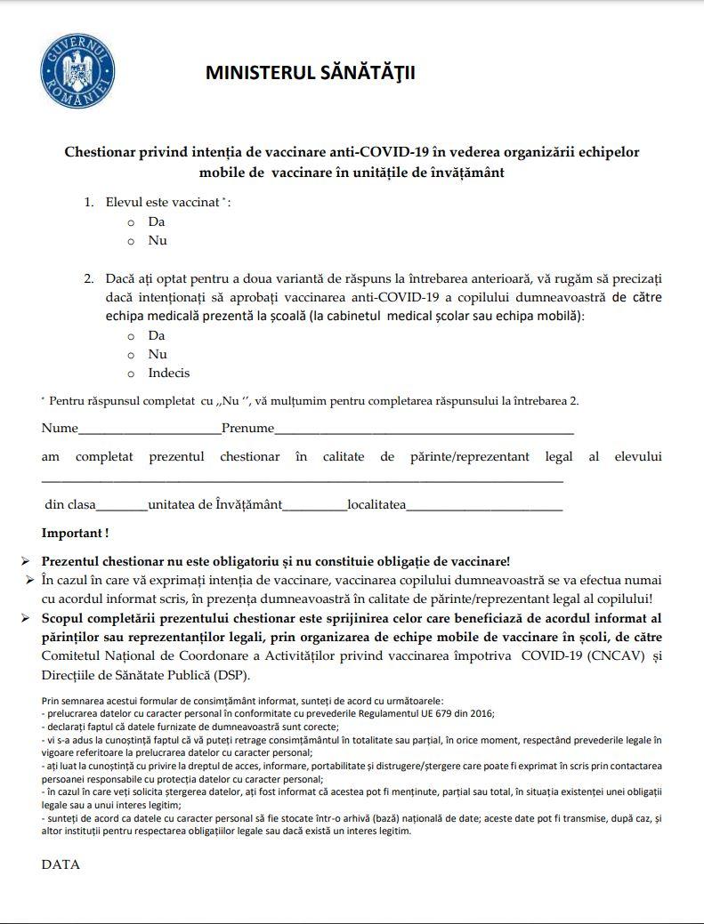 Cum arată chestionarul de vaccinare a elevilor. Urmează să ajungă în școli