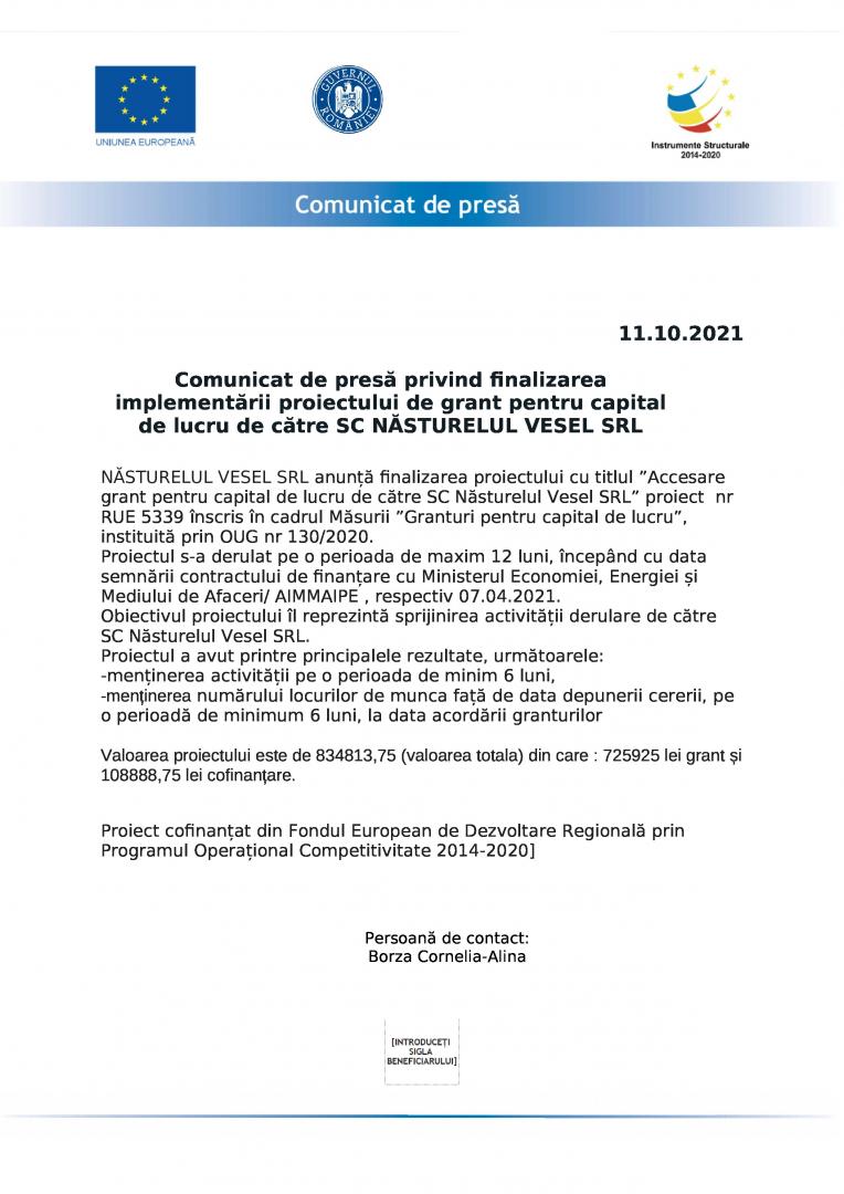 Comunicat de presă privind finalizarea implementării proiectului de grant pentru capital de lucru de către SC NĂSTURELUL VESEL SRL