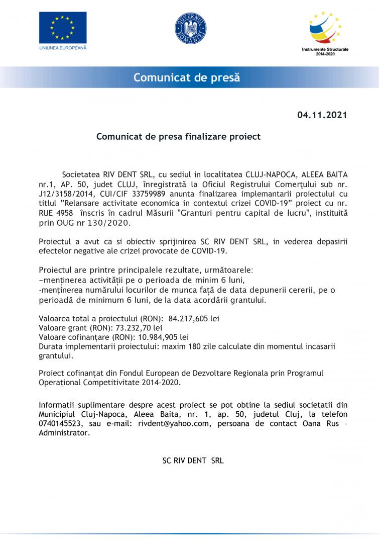 Comunicat finalizare proiect