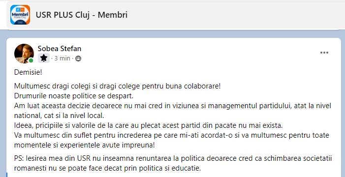 Tensiuni în USR Cluj! Un membru al Biroului Județean a demisionat pentru că nu mai crede în partid