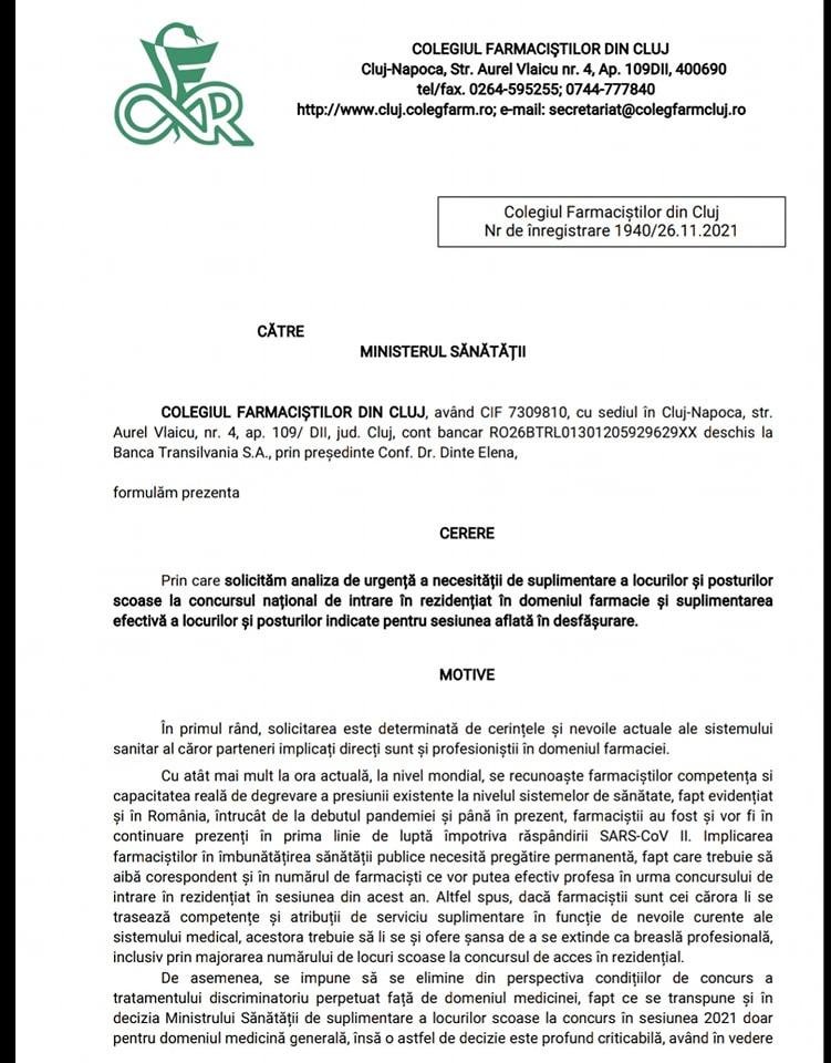 Colegiul Farmaciștilor Cluj solicită suplimentarea locurilor la Rezidențiat pentru farmaciști pe motiv de discriminare