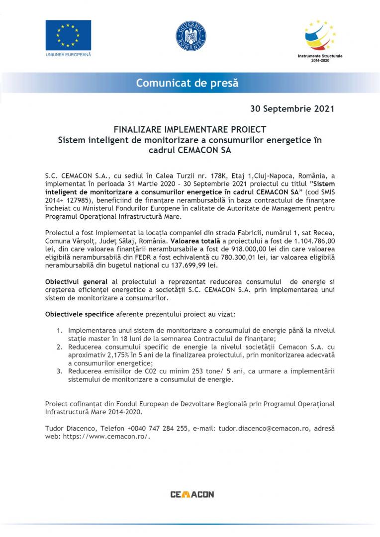 FINALIZARE IMPLEMENTARE PROIECT Sistem inteligent de monitorizare a consumurilor energetice în cadrul CEMACON SA