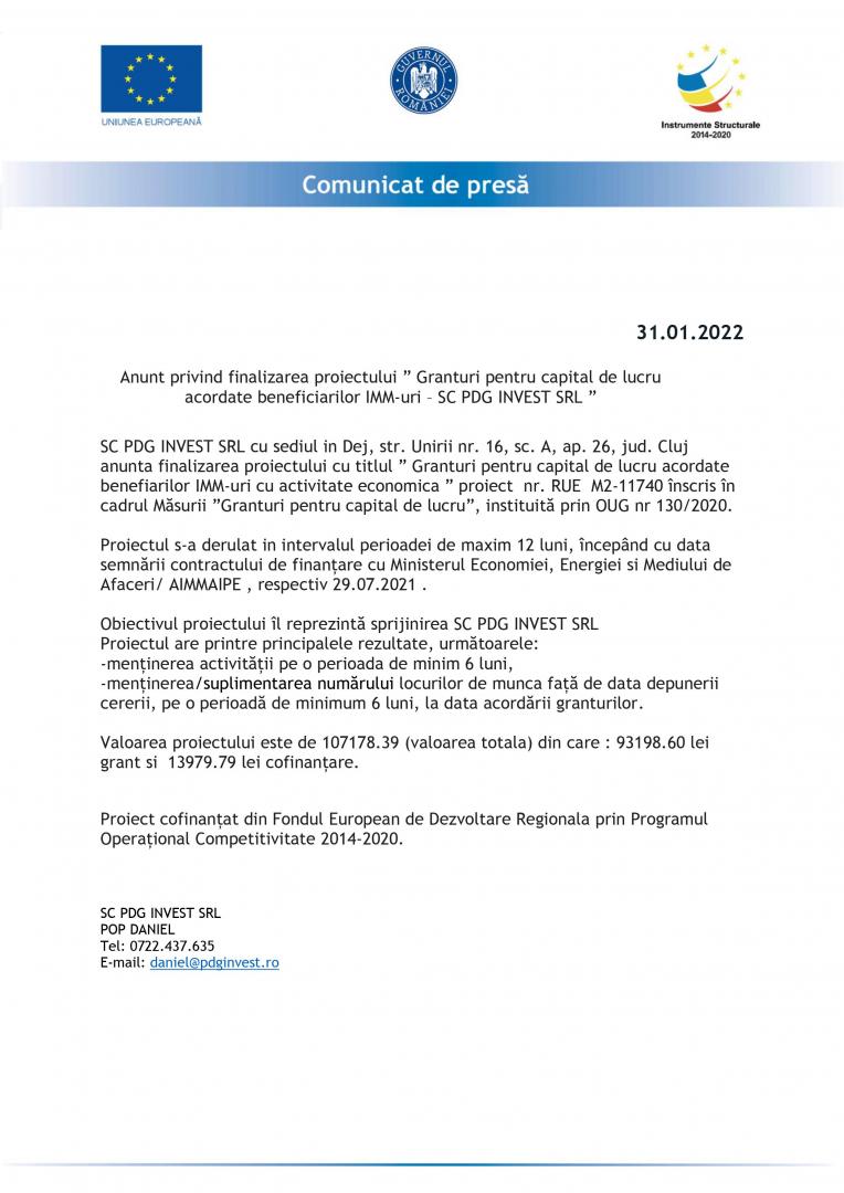 COMUNICAT DE PRESA-Anunt privind finalizarea proiectului ” Granturi pentru capital de lucru acordate beneficiarilor IMM-uri – SC PDG INVEST SRL ”