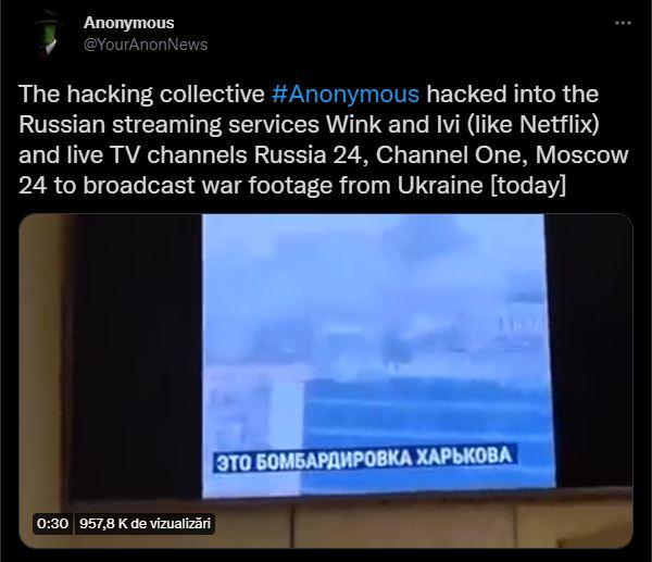 Hackerii Anonymous au piratat posturi TV din Rusia și au transmis imagini din război
