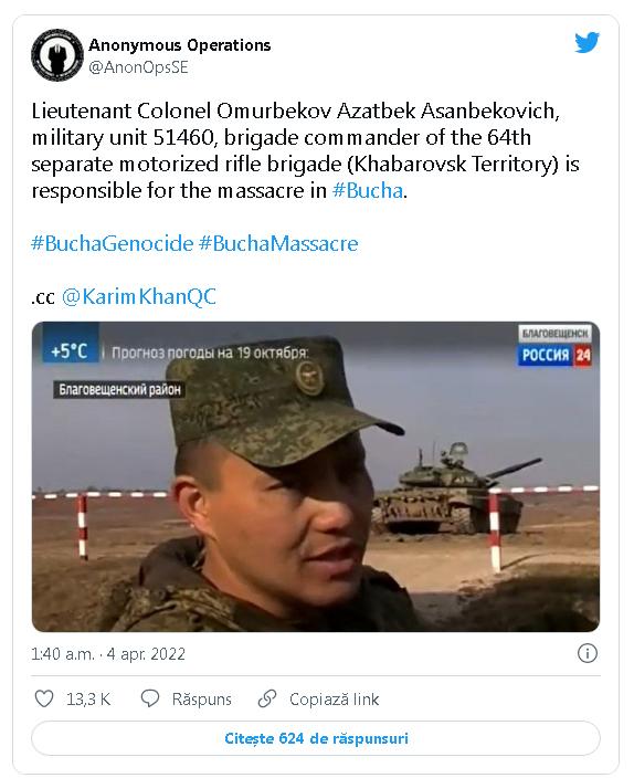 Cine este ”măcelarul din Bucha”, responsabil pentru masacrarea a sute de civili. Hackerii Anonymous au aflat