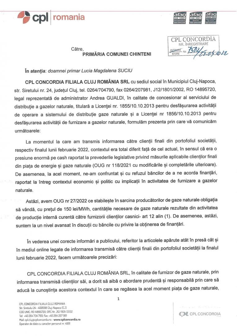 Răspunsul CONCORDIA cu privire la furnizarea gazelor naturale în Chinteni. Se pare că presa e vinovată pentru panica creată