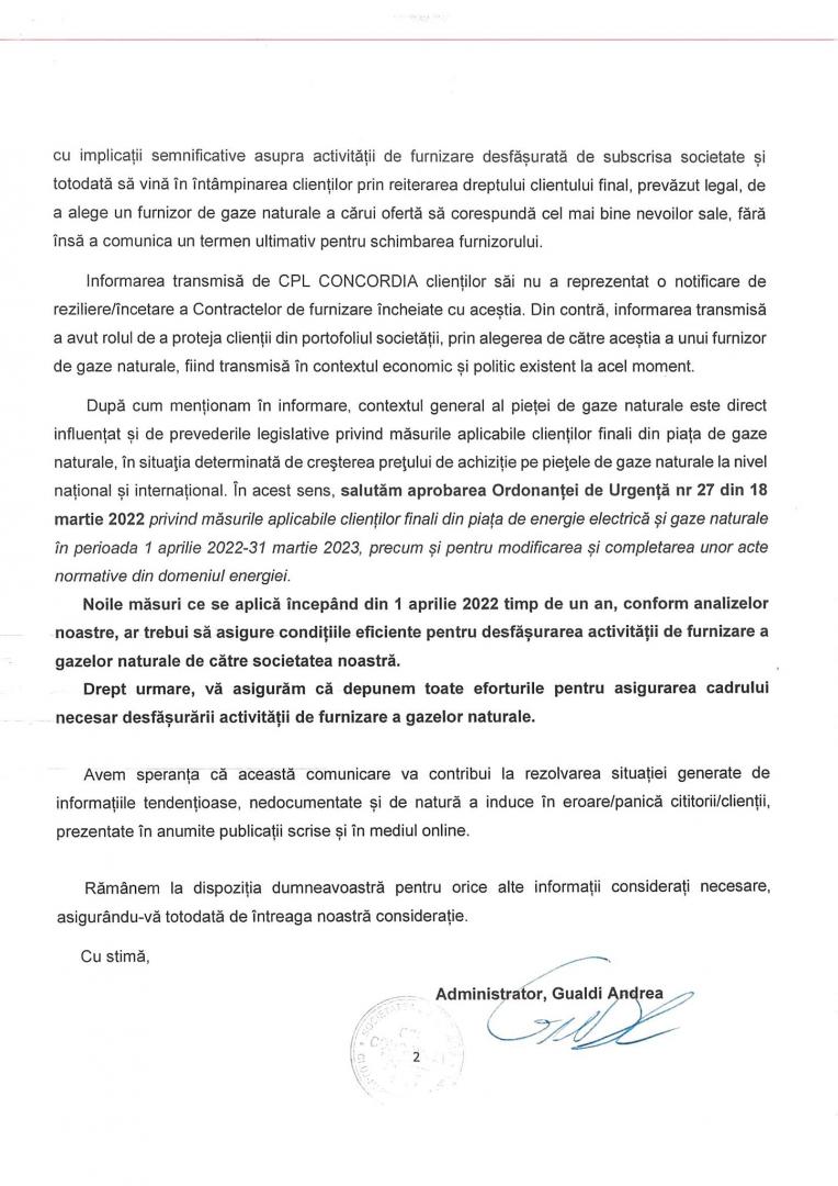 Răspunsul CONCORDIA cu privire la furnizarea gazelor naturale în Chinteni. Se pare că presa e vinovată pentru panica creată