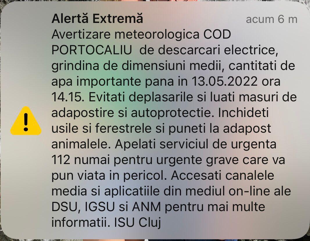 Vine FURTUNA! COD PORTOCALIU de vreme severă imediată la Cluj/ Au fost trimise mesaje RO-Alert
